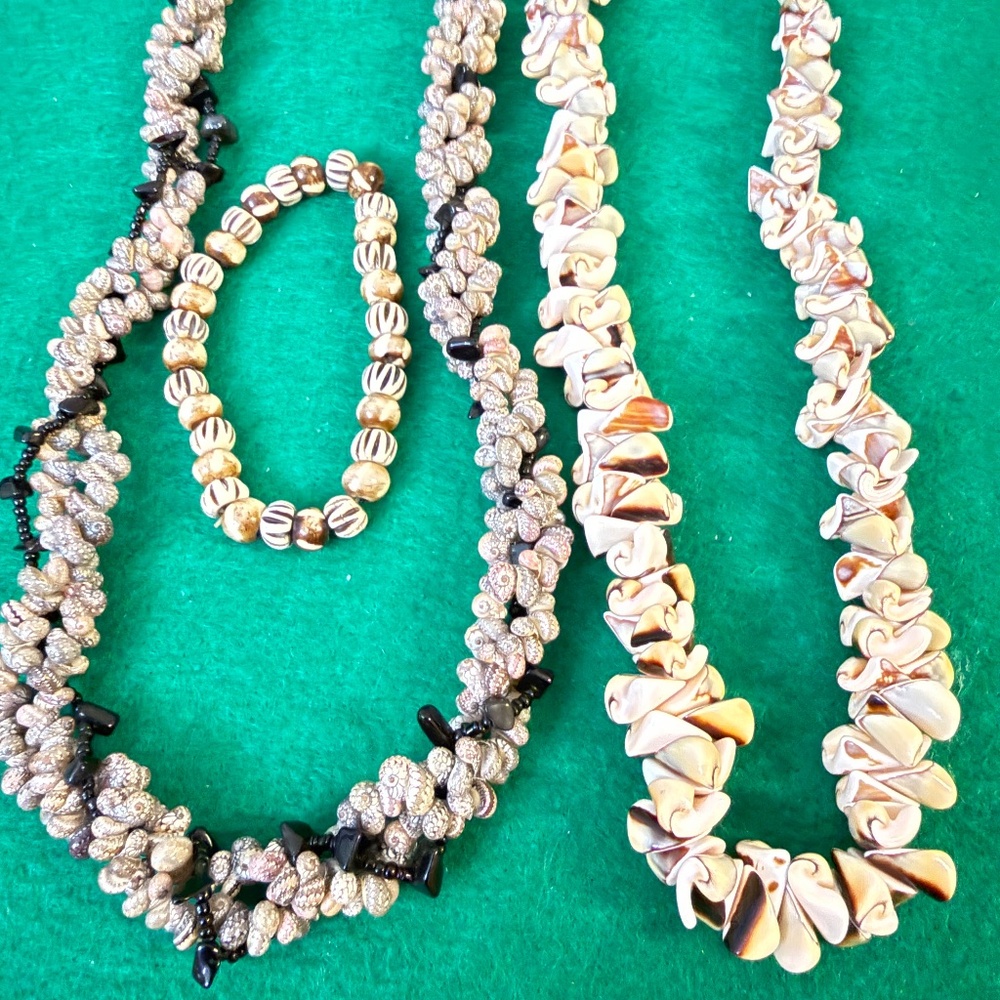 Shell and Bone Jewelry - 2 Necklaces and 1 Bracelet Neutral Tones